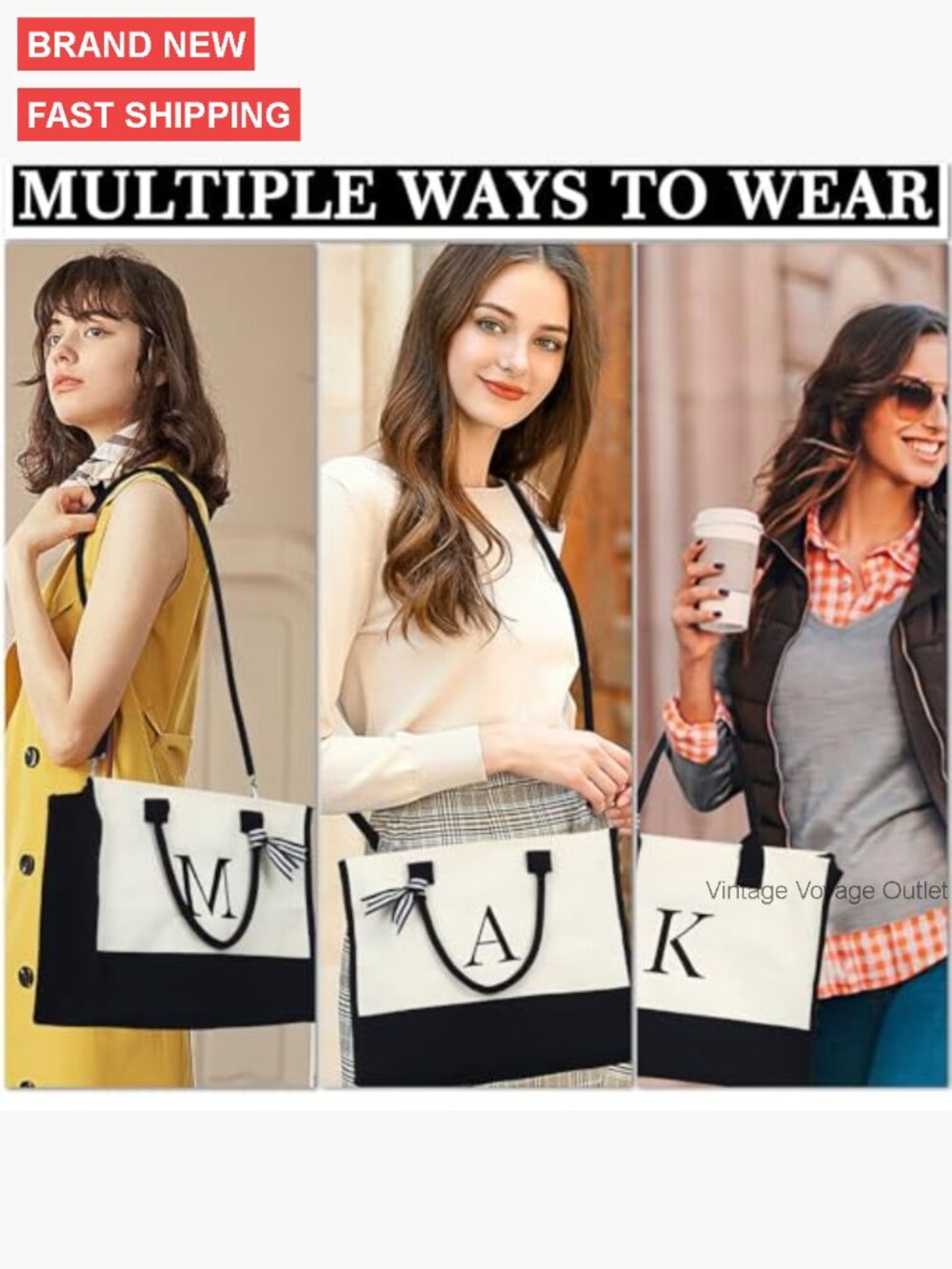 Large Canvas Tote Bag with Makeup Pouch, Adjustable Strap, Waterproof Lining - Picture 3 of 7